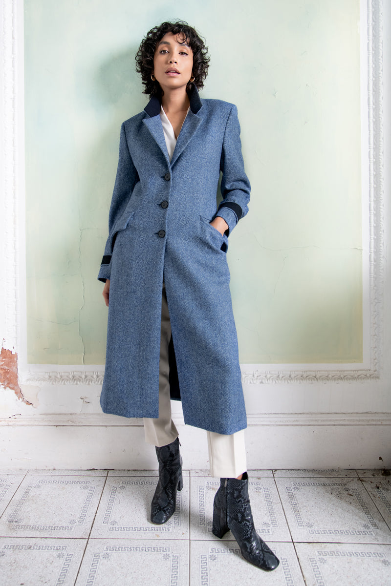 Fran Tweed Coat - Light Blue Herringbone - Jack Murphy Ireland