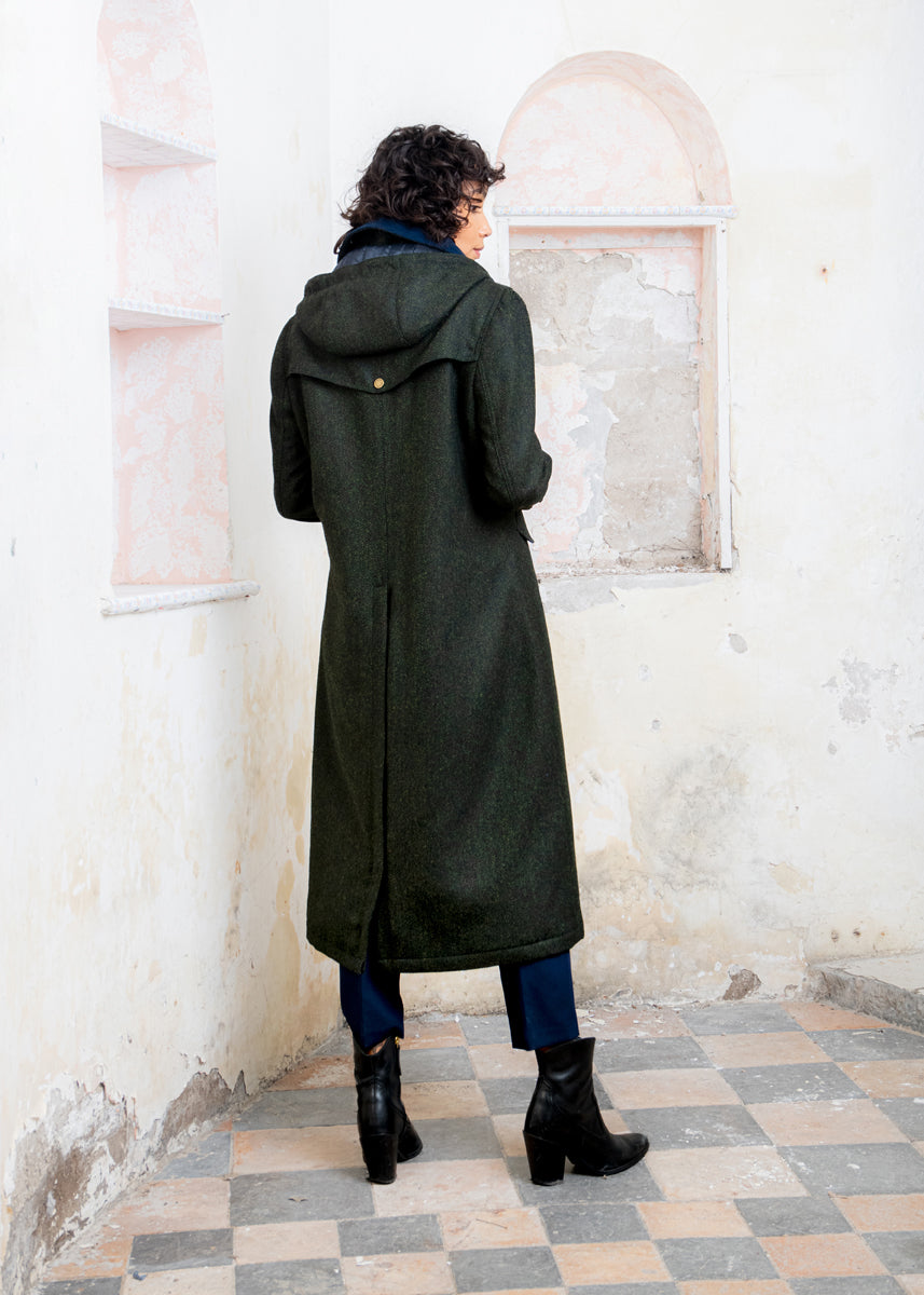Julia Long Tweed Coat - Deep Green Herringbone
