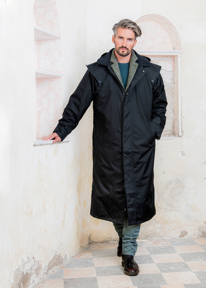 Mens long waterproof shop coat with hood