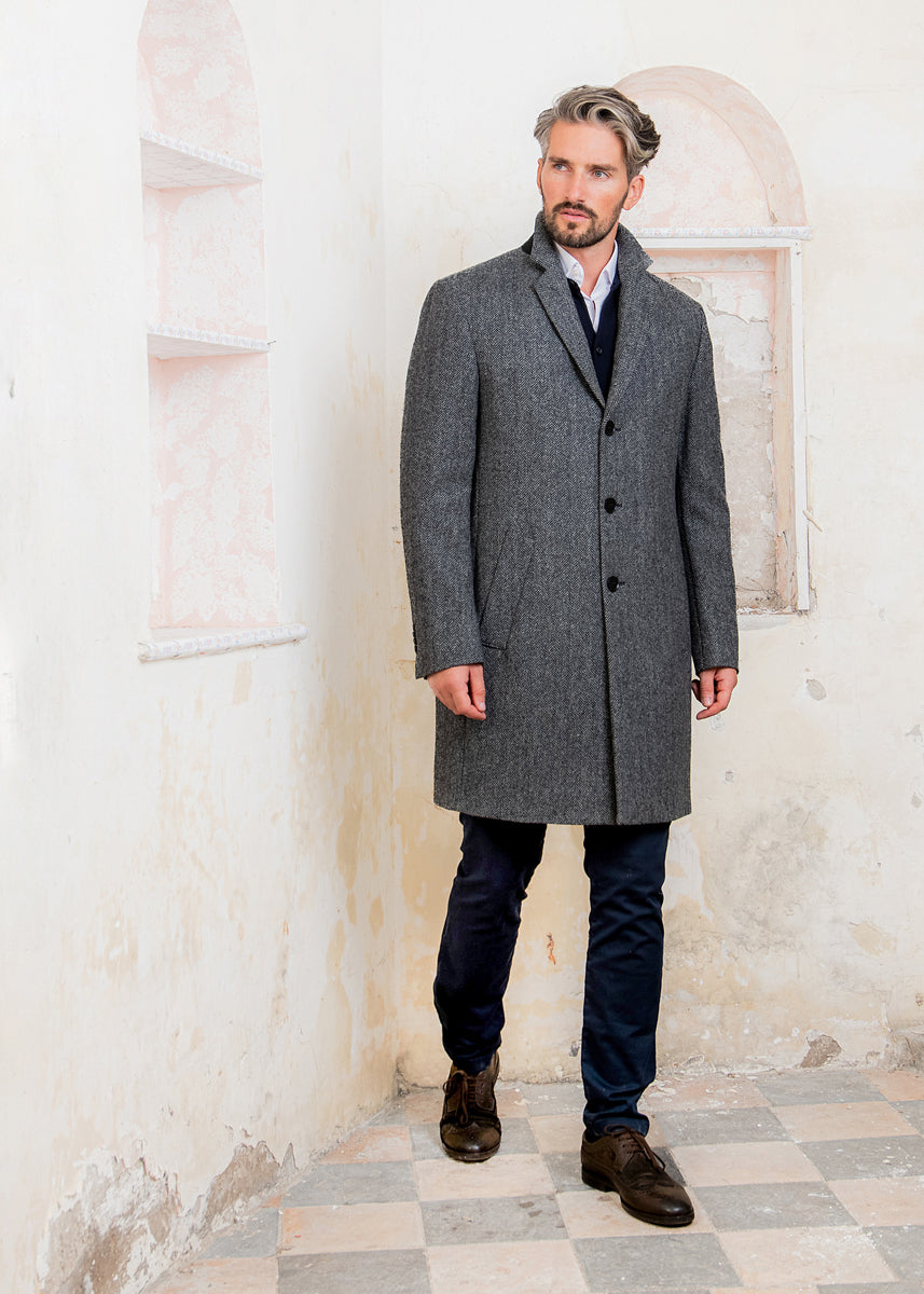 Owen Tweed Coat Charcoal Wide Herringbone 36