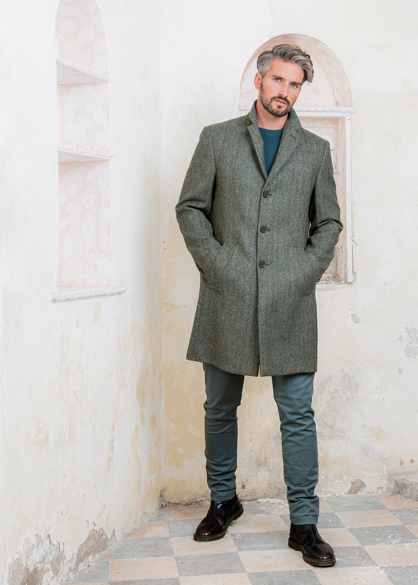 Owen Tweed Coat Olive Wide Herringbone