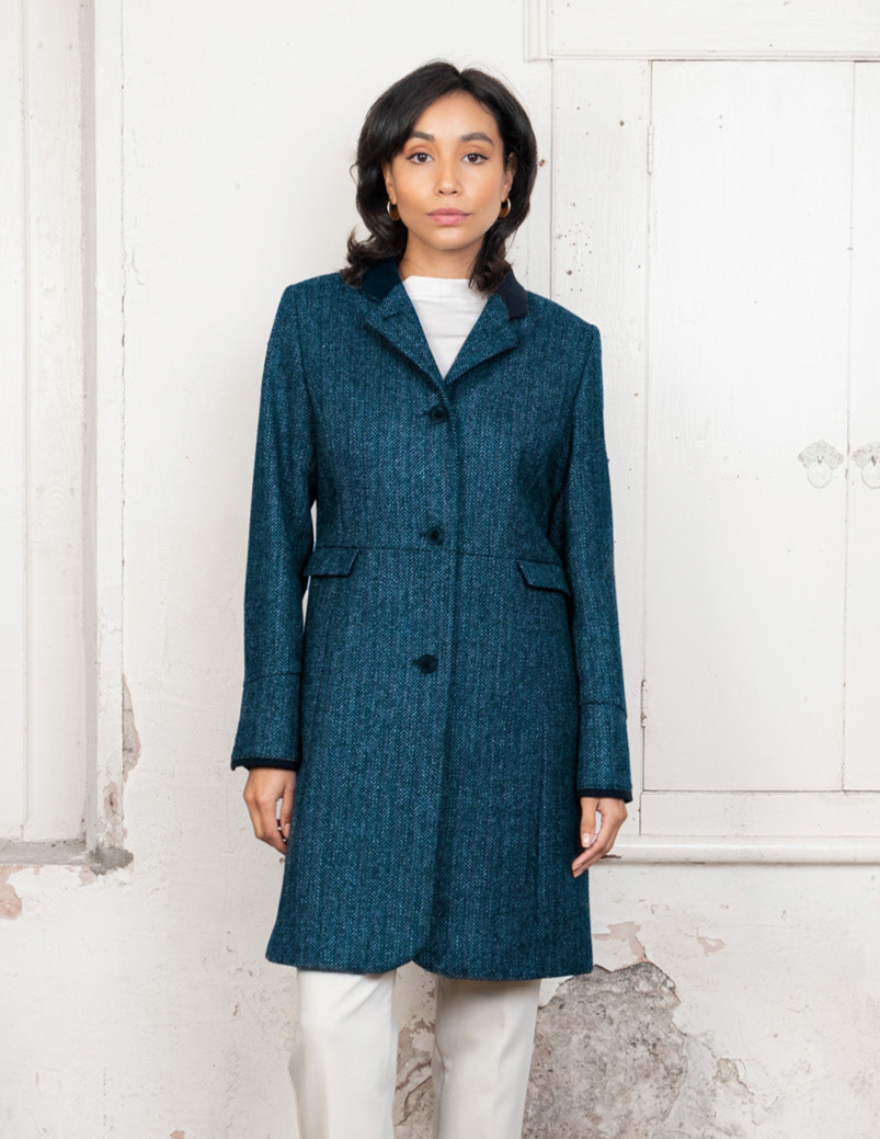 Pamela Tweed Coat - Aqua Marine Herringbone