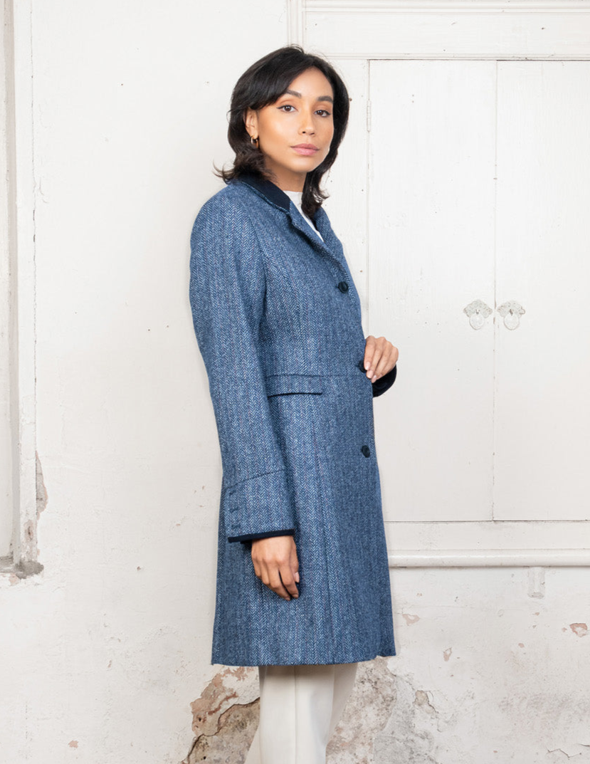 Pamela Tweed Coat - Light Blue Herringbone