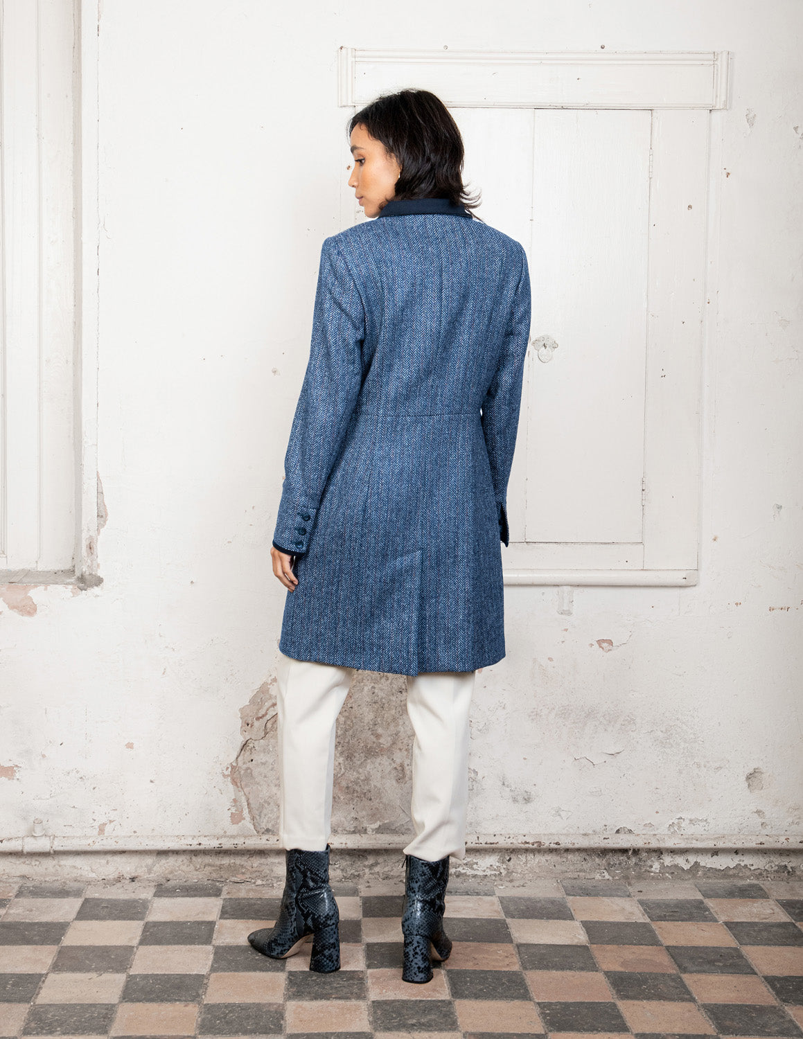 Pamela Tweed Coat - Light blue Herringbone - Jack Murphy Ireland