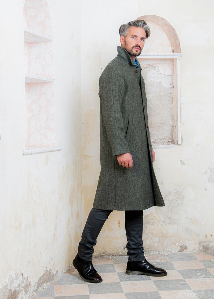 Owen Tweed Coat - Olive Wide Herringbone