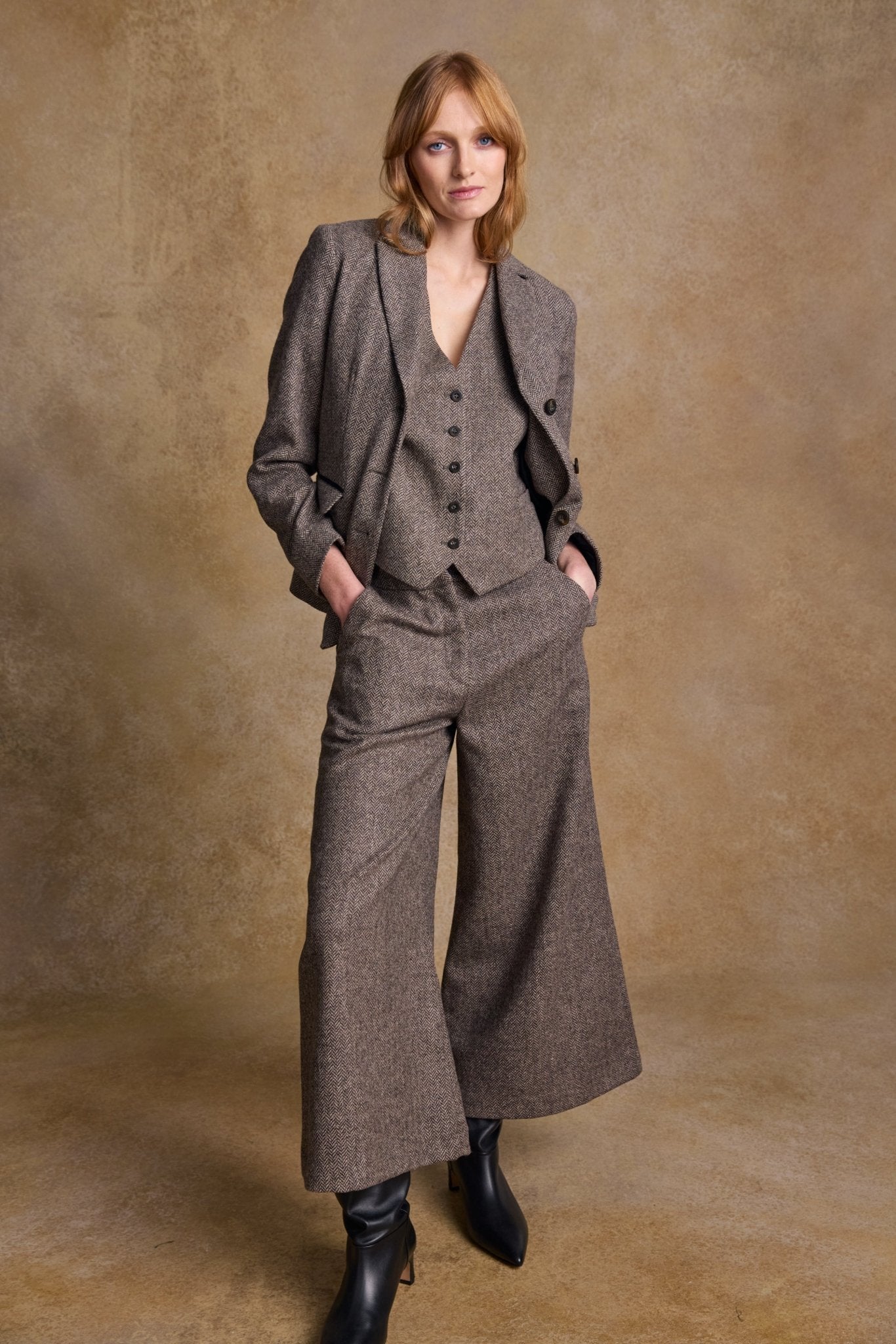 Enya Tweed Culottes - Light Tan Herringbone