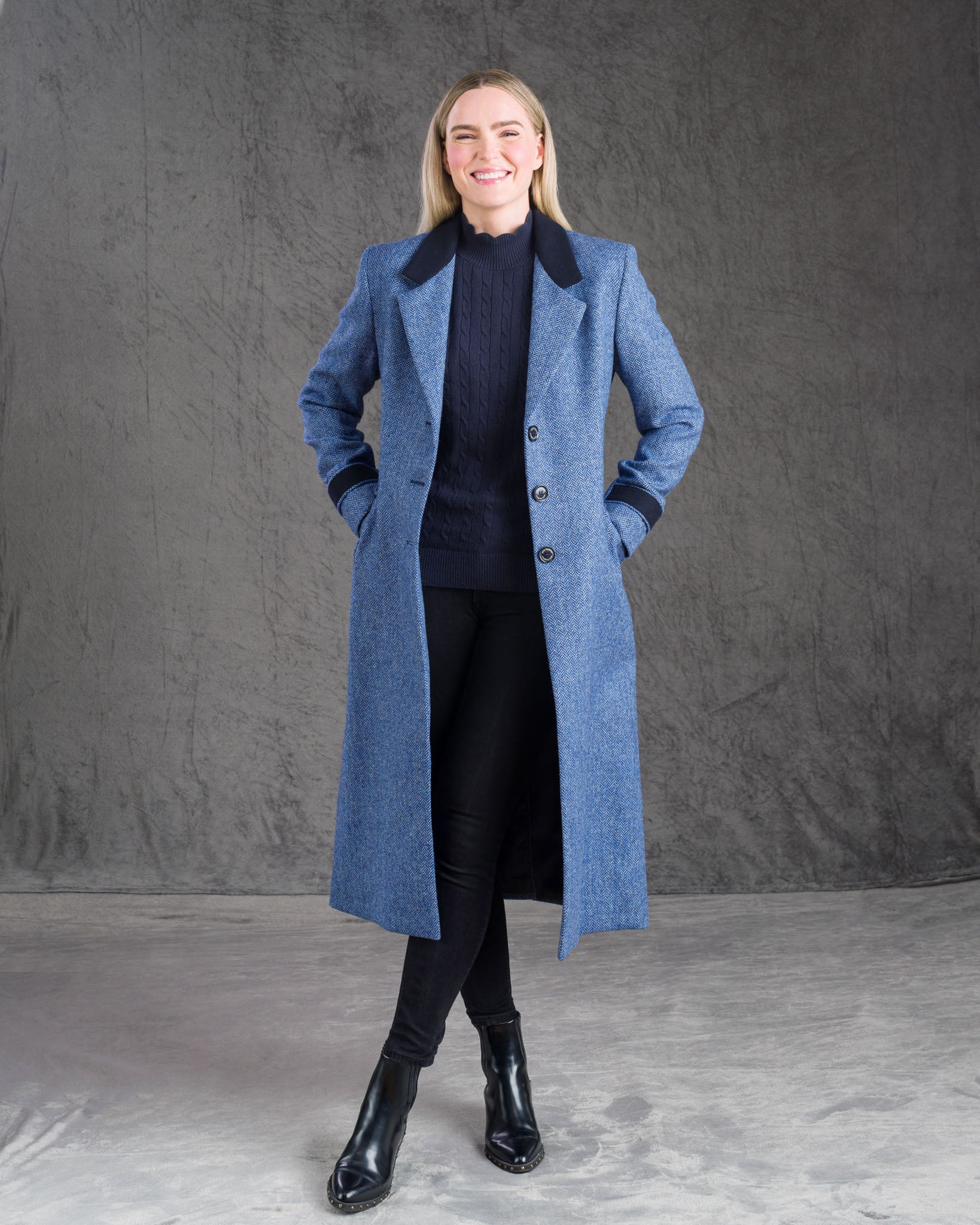 Fran Tweed Coat - Light Blue Herringbone - Jack Murphy Ireland