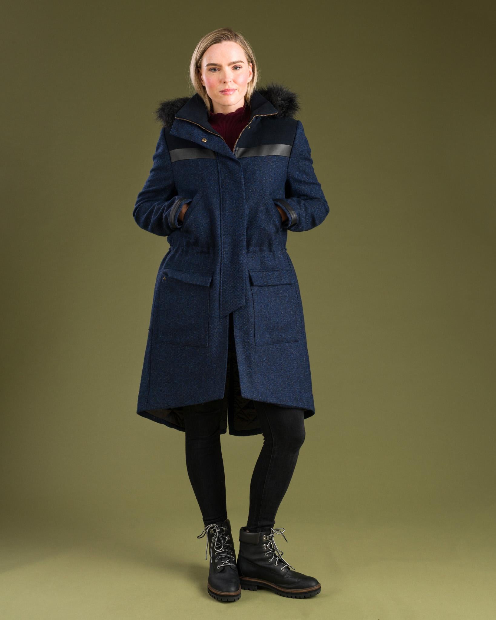 Jen Tweed Parka Coat - Navy Herringbone