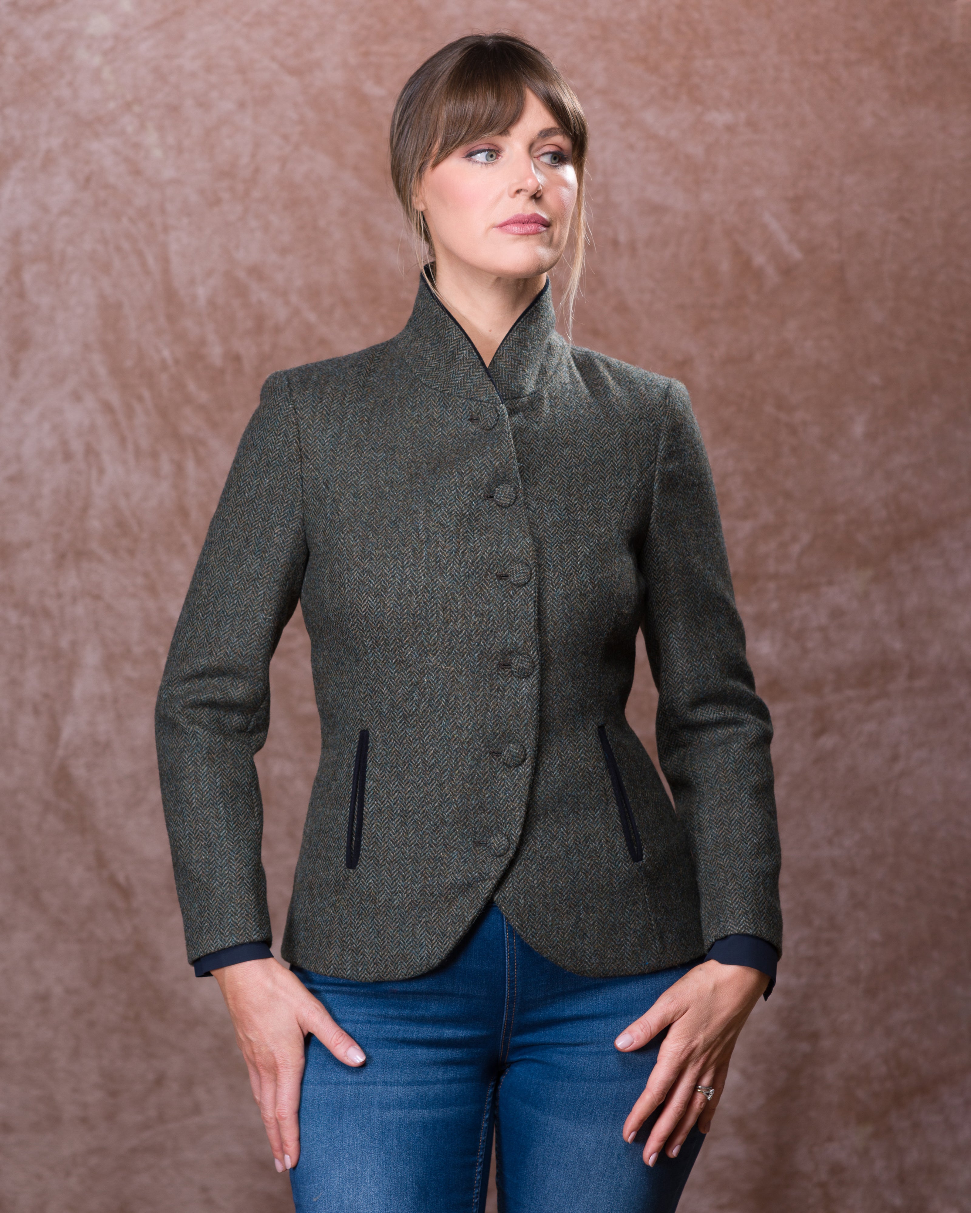 Nicole Tweed Jacke - Olive Teal Herringbone
