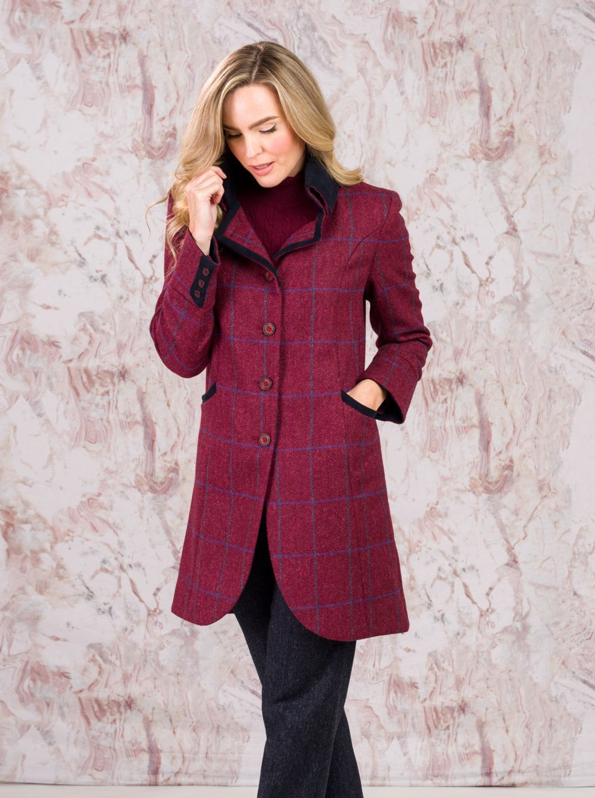 Sinead Tweed Coat - Rose Herringbone Check - Jack Murphy Ireland